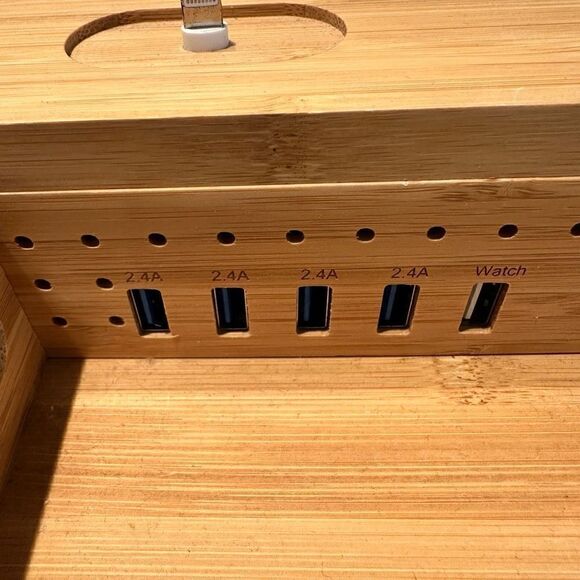Bamboo Charging Station Dock 6 Ports Desktop Stand Organizer For Phone & Tablet - Picture 4 of 6